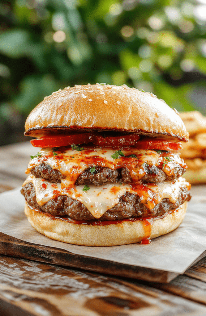 A vibrant plate of ultimate pizza burgers featuring golden toasted buns topped with melted cheese, pepperoni slices, fresh basil, and colorful vegetables. The burgers are stacked neatly, showcasing gooey cheese pull, crispy edges, and juicy fillings, styled on a rustic wooden surface with a casual, inviting presentation.