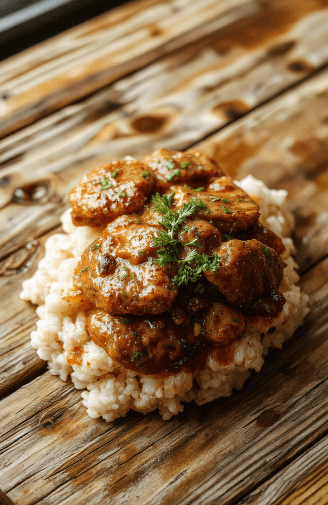 A savory plate of Ultimate Smothered Chicken and Rice featuring tender chicken breasts smothered in a creamy sauce with fluffy rice, garnished with fresh herbs, vibrant vegetables, and served on a rustic wooden table with warm lighting highlighting textures and colors.