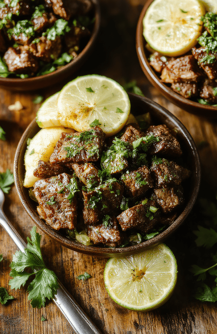 A vibrant plate of Zesty Cilantro Lime Steak Bowls featuring perfectly grilled steak sliced over a bed of fresh cilantro and lime-infused rice, topped with chopped tomatoes, avocado slices, and a drizzle of lime juice. The colorful ingredients are arranged attractively on a rustic wooden table, highlighting the textures of the juicy steak, crunchy toppings, and bright garnishes, styled casually for a fresh and inviting look.