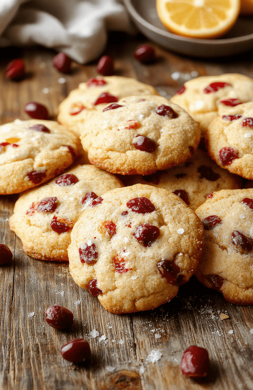 Colorful orange and ruby red cranberries nestled within golden-brown cookies, arranged on a rustic wooden platter with a hint of powdered sugar. The textured cookies have a slightly cracked surface revealing a soft, chewy interior. Fresh cranberries and orange zest garnish the scene, styled with festive holiday accents and warm lighting, creating an inviting and cheerful atmosphere.