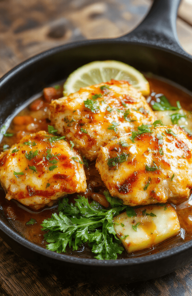 Colorful pepperoncini chicken skillet featuring tender browned chicken breasts topped with vibrant yellow and green pepperoncini peppers, garnished with fresh herbs, served on a rustic plate with a backdrop of a warm countertop. The textures of the crispy chicken and tangy peppers contrast vividly, styled simply to highlight the dish's bold colors and appetizing presentation.
