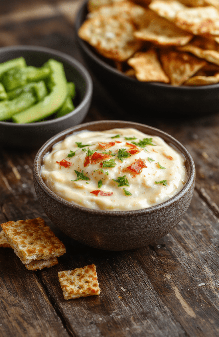 A vibrant bowl of hot crack corn dip featuring golden, crispy popcorn coated in cheesy, spicy sauce. The dip is presented in a rustic ceramic bowl on a wooden table, topped with chopped green onions and paprika. Surrounding the bowl are scattered popcorn bits and a spoon resting beside it. The setting highlights warm, inviting colors, with a textured background that emphasizes the crispy texture and rich color of the dip.