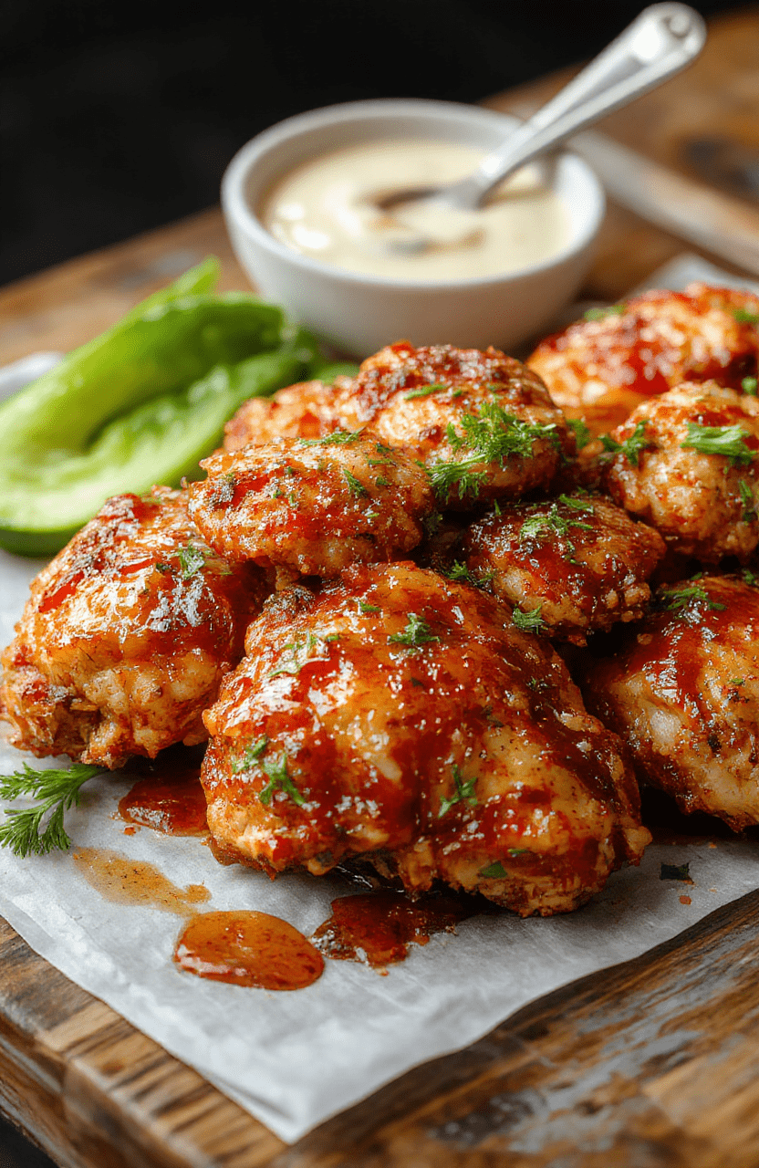 Golden baked crunchy chicken breasts glazed with shiny sweet and spicy hot honey sauce, garnished with sesame seeds and chopped green onions on a rustic wooden board, with crispy texture visible and vibrant colors highlighting the glossy glaze and crispy coating.