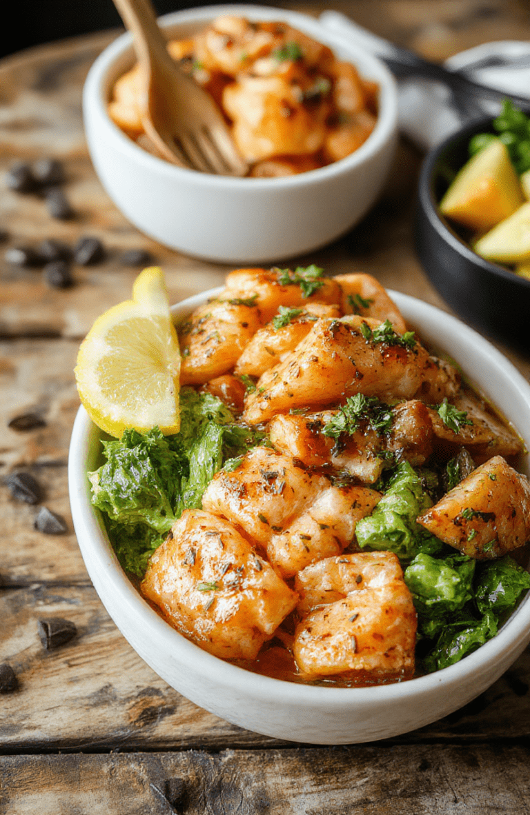Colorful salmon bites atop a vibrant bowl with fresh vegetables and creamy sauce, garnished with herbs, styled casually on a rustic wooden surface with natural lighting.