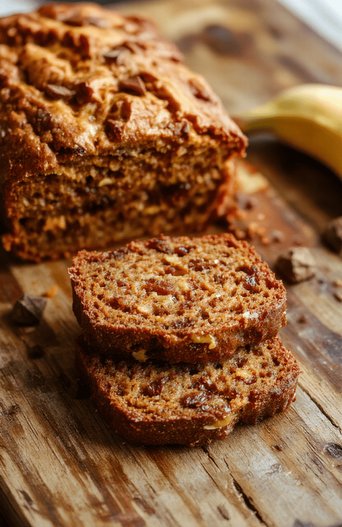 A golden-brown carrot cake banana bread slice topped with cream cheese glaze, placed on a rustic wooden table, surrounded by grated carrots and ripe bananas, with a soft-focus background highlighting the moist texture and inviting aroma.