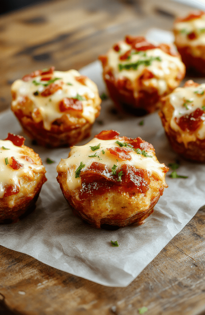A colorful platter of crispy, golden Cheesy Bacon Tater Tot Cups topped with melted cheese and crispy bacon bits, arranged neatly on a rustic wooden surface with fresh herbs for garnish, steaming hot and inviting, with a creamy, cheesy interior visible, styled for a casual, homely presentation.