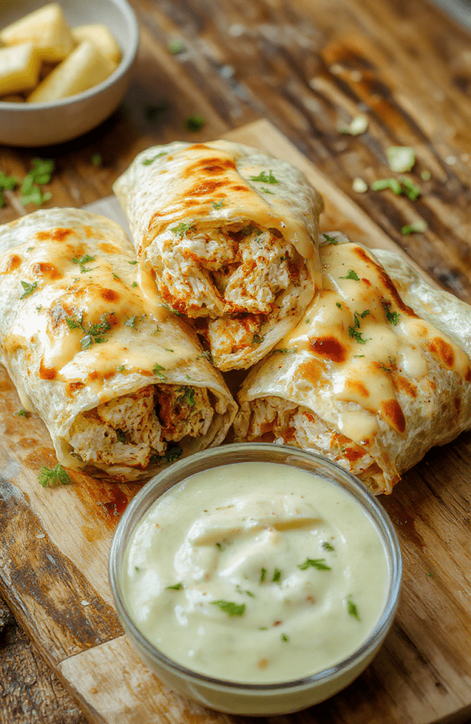 A close-up of golden-brown chicken wraps filled with melted cheese and chopped garlic, garnished with fresh herbs on a rustic wooden plate, vibrant colors, crispy textures, inviting and appetizing.