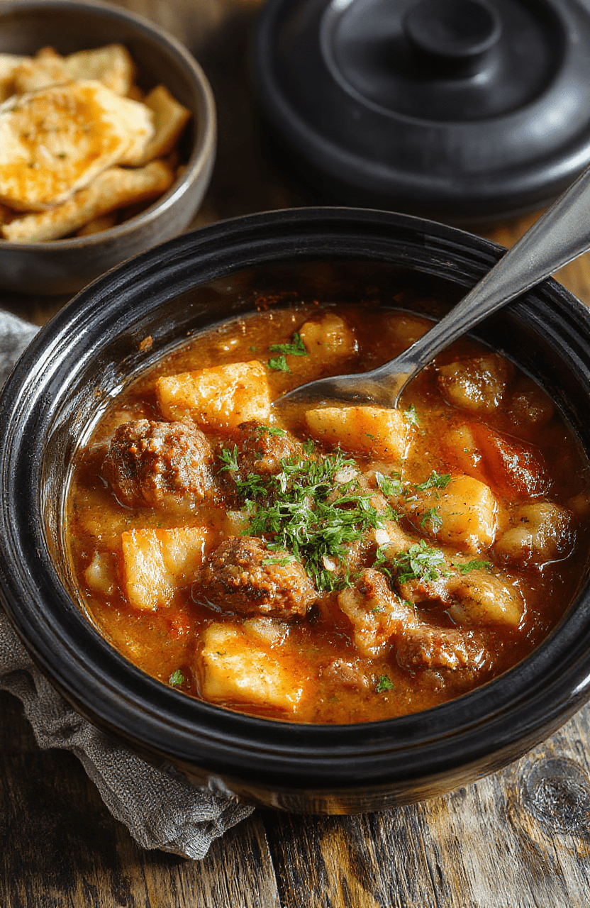 A rustic bowl filled with hearty poor man's stew featuring chunks of tender beef, potatoes, carrots, and peas, topped with fresh herbs. The stew is served on a wooden table with a warm, inviting atmosphere, showcasing the rich, thick broth with visible vegetables and meat, styled casually with a cozy kitchen background.