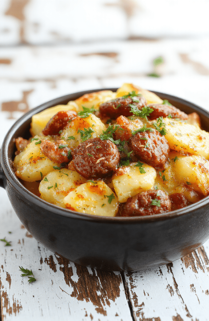 A rustic plate featuring golden-brown sausage links nestled alongside chunky, crispy roasted potatoes, garnished with fresh parsley, set on a wooden table with a warm, inviting background and soft natural lighting highlighting textures.