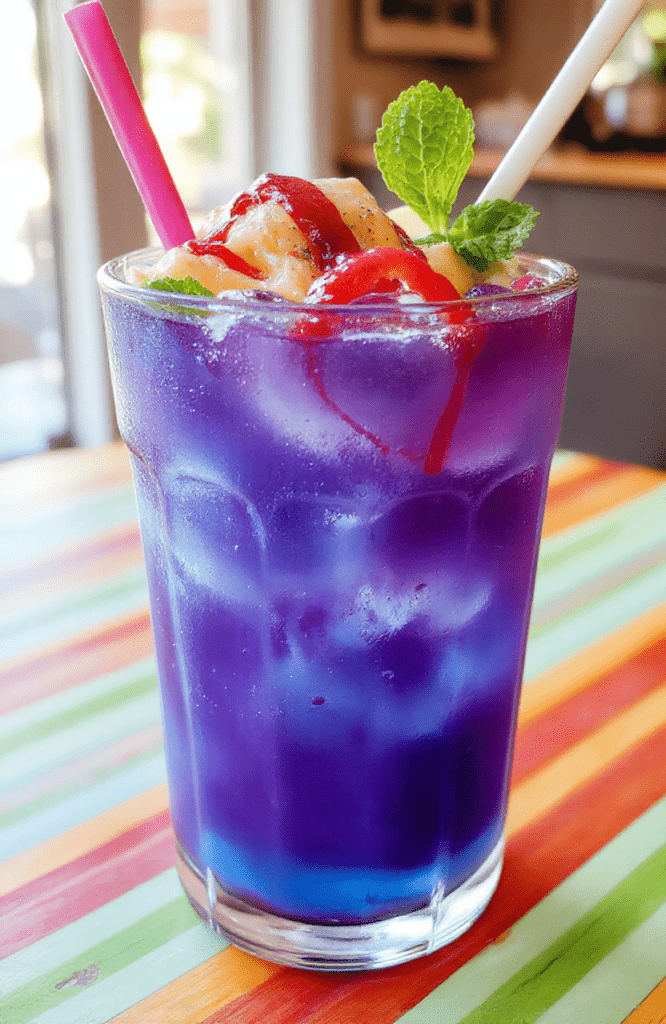 A vibrant glass filled with bright turquoise Baja Blast-inspired beverage, topped with ice and a lemon wedge, garnished with a sprig of mint, on a colorful striped table with a straw, showcasing a refreshing, fizzy, and visually appealing drink.