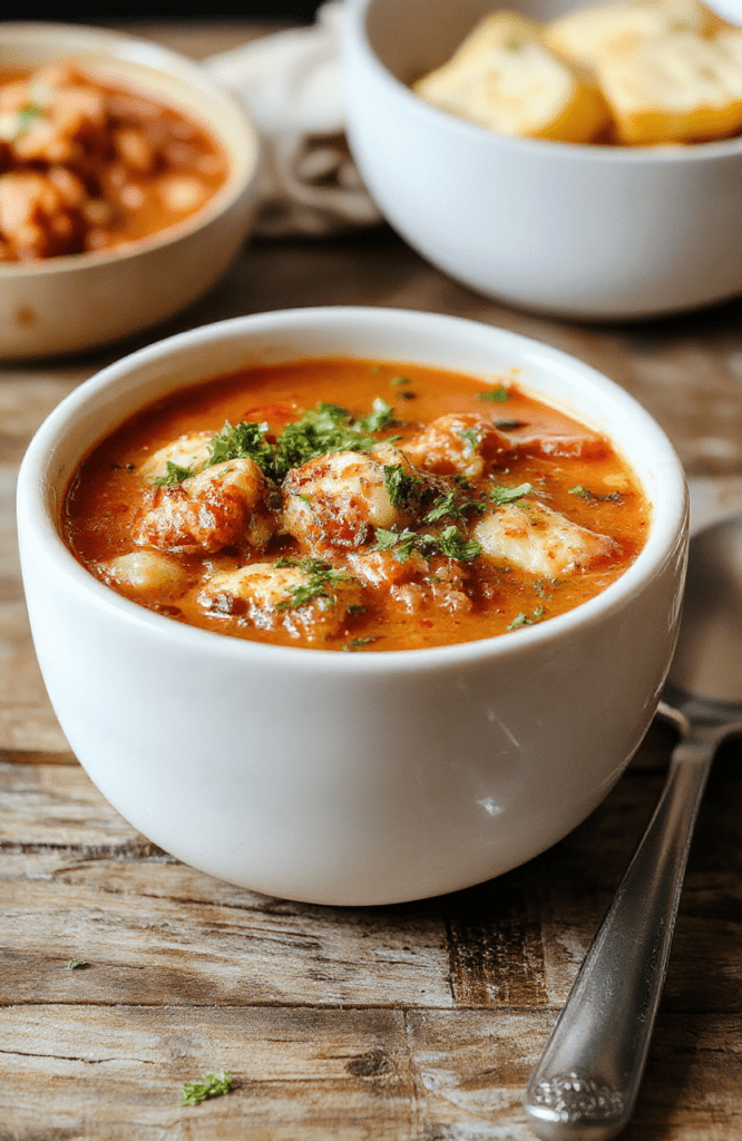A warm bowl of lasagna soup featuring visible layers of melted cheese, ground meat, and garnished with fresh basil. The soup is served in a rustic bowl on a wooden table, with a crusty bread slice and a sprinkle of herbs for garnish. The vibrant colors of the broth, melted cheese, and herbs create an inviting and comforting visual.