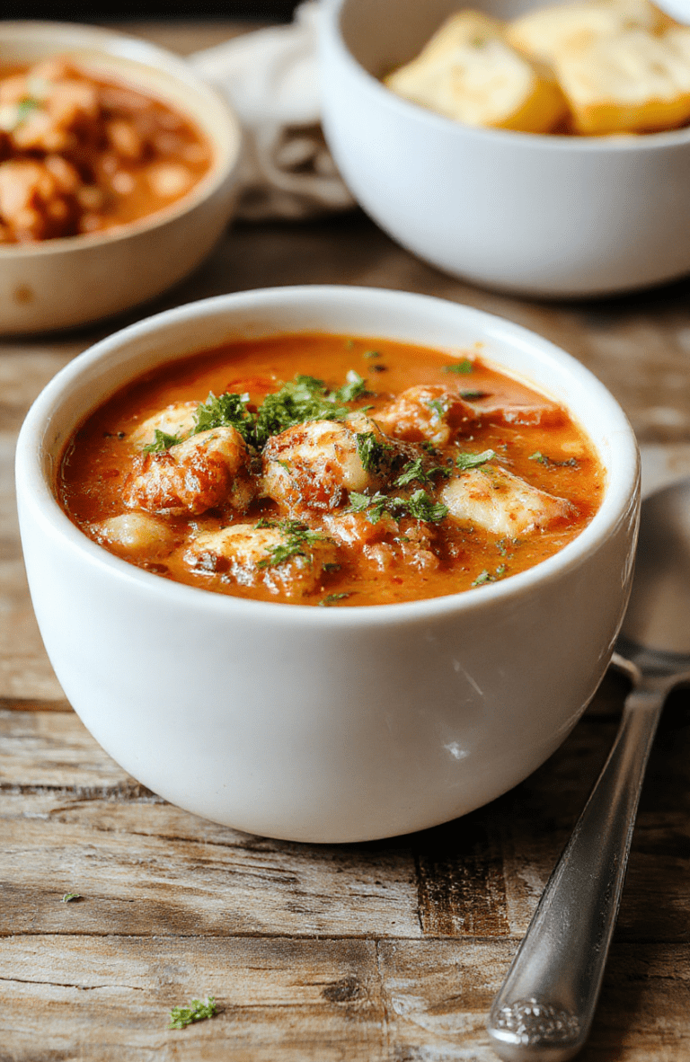 A warm bowl of lasagna soup featuring visible layers of melted cheese, ground meat, and garnished with fresh basil. The soup is served in a rustic bowl on a wooden table, with a crusty bread slice and a sprinkle of herbs for garnish. The vibrant colors of the broth, melted cheese, and herbs create an inviting and comforting visual.