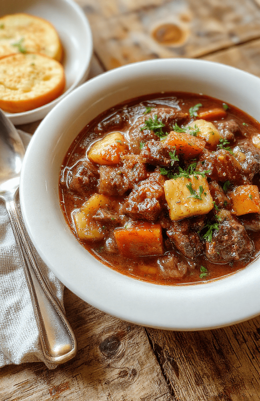 A warm bowl of beef stew with tender chunks of beef, carrots, potatoes, and green beans, garnished with fresh herbs, sitting on a rustic wooden table with a cozy background.