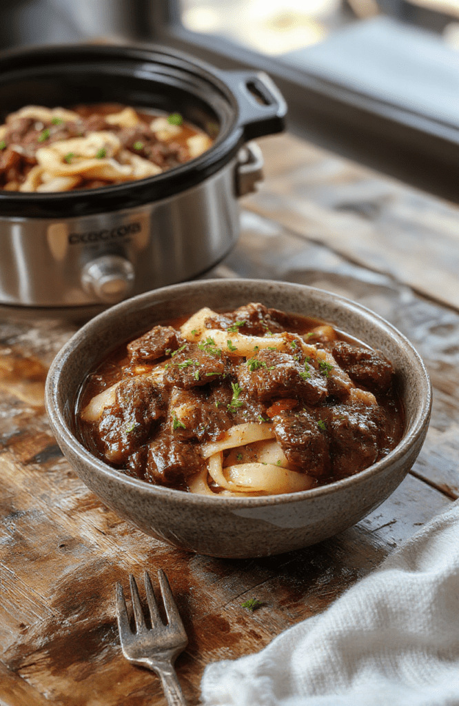 A rustic bowl filled with tender shredded beef, creamy noodles, and fresh herbs, garnished with chopped parsley, served on a textured wooden table with warm lighting that highlights the savory textures and inviting colors of the dish.