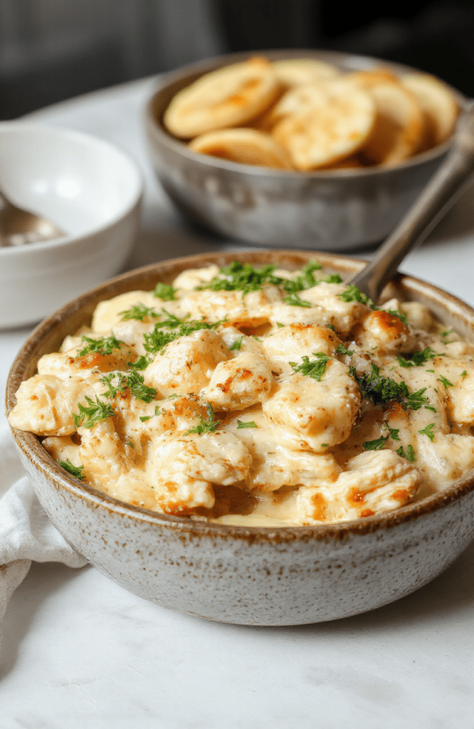 A close-up of a creamy chicken casserole in a rustic ceramic dish, topped with melted cheese and fresh herbs, with a golden-brown crust and vibrant green garnish, served on a wooden table with natural sunlight highlighting the textures.