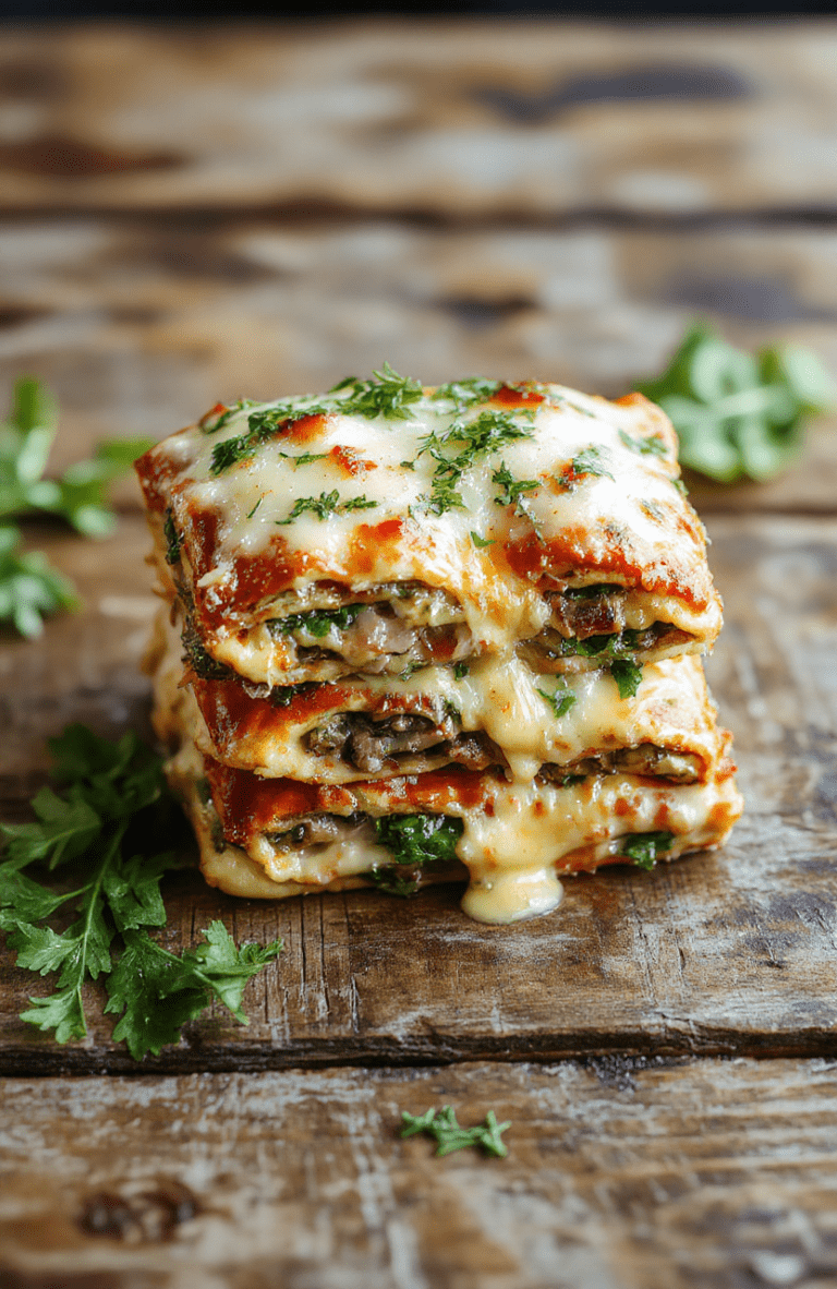 A vibrant, rustic plate of mushroom and spinach lasagna stacked neatly, topped with melted cheese and fresh herbs, surrounded by leafy greens and sliced mushrooms, rich textures visible, styled on a wooden table with soft natural light.