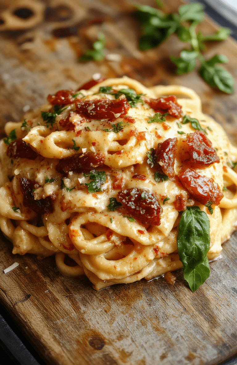 A vibrant plate of creamy sun-dried tomato spaghetti topped with fresh spinach leaves, garnished with grated cheese and basil, served on a rustic white plate with a backdrop of wooden table, highlighting the rich textures and bright colors of the ingredients.