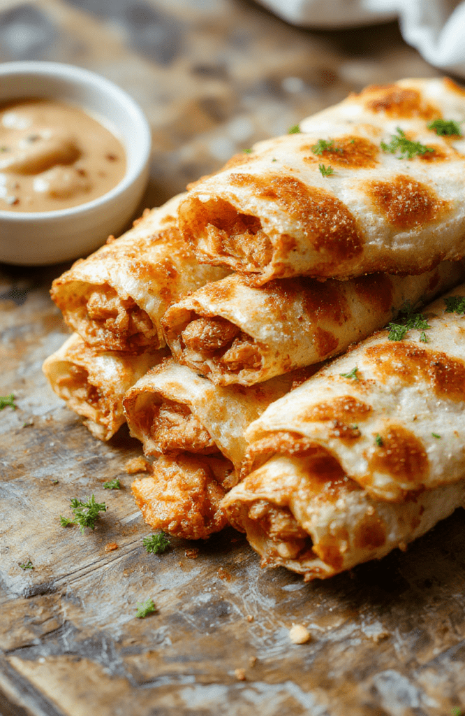 Golden brown crispy chicken taquitos on a white plate, garnished with fresh cilantro and sliced lime, served on a wooden surface with a rustic-style background, textured and appetizing visual