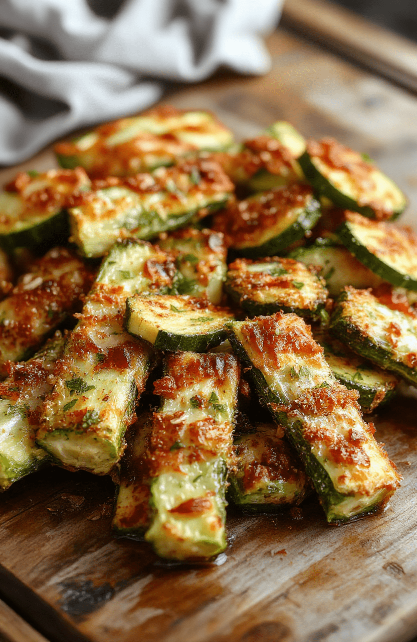 A close-up shot of golden crispy baked parmesan zucchini slices arranged on a white plate, garnished with fresh herbs. The zucchini has a light, crunchy coating with visible parmesan cheese, contrasted against a blurred background of a wooden table, with vibrant green herbs and a creamy dip nearby, styled casually for an inviting presentation.