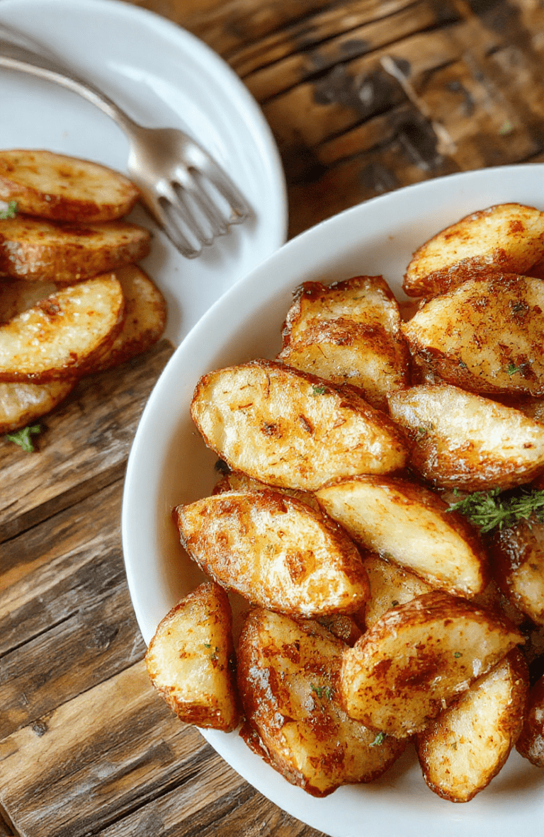 Golden crispy baked potato slices arranged neatly on a white plate, garnished with fresh herbs, garnet-red paprika sprinkled on top, glossy and crispy edges, placed on a rustic wooden table with a neutral background, styled minimally for a cozy and inviting presentation.