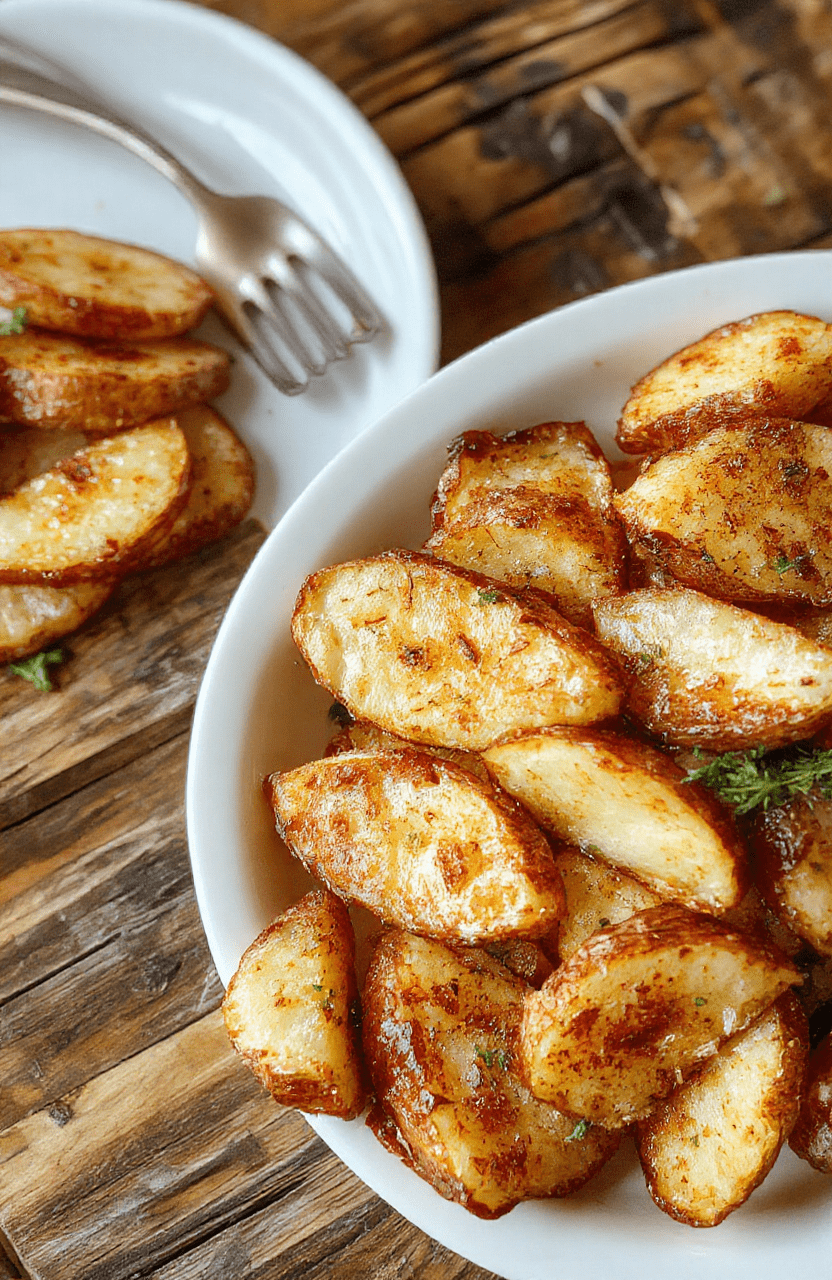 Golden crispy baked potato slices arranged neatly on a white plate, garnished with fresh herbs, garnet-red paprika sprinkled on top, glossy and crispy edges, placed on a rustic wooden table with a neutral background, styled minimally for a cozy and inviting presentation.