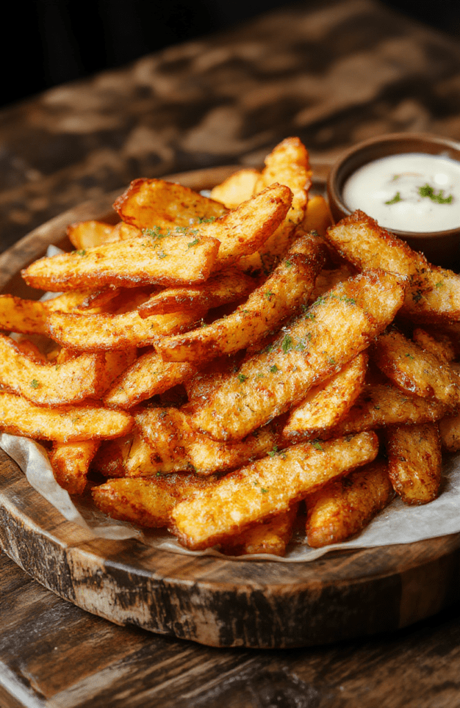 Golden crispy sweet potato fries arranged on a rustic wooden platter, with a sprinkle of herbs and a dipping sauce, vibrant orange and golden hues, textured surface highlighting crunchiness, styled simply for a cozy kitchen vibe