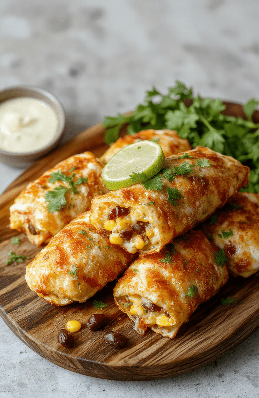 Colorful crispy Southwest Egg Rolls arranged on a rustic wooden platter, golden-brown exterior with visible bits of corn, black beans, and melted cheese, garnished with fresh cilantro and slices of lime, styled simply on a neutral background with a hint of greenery.