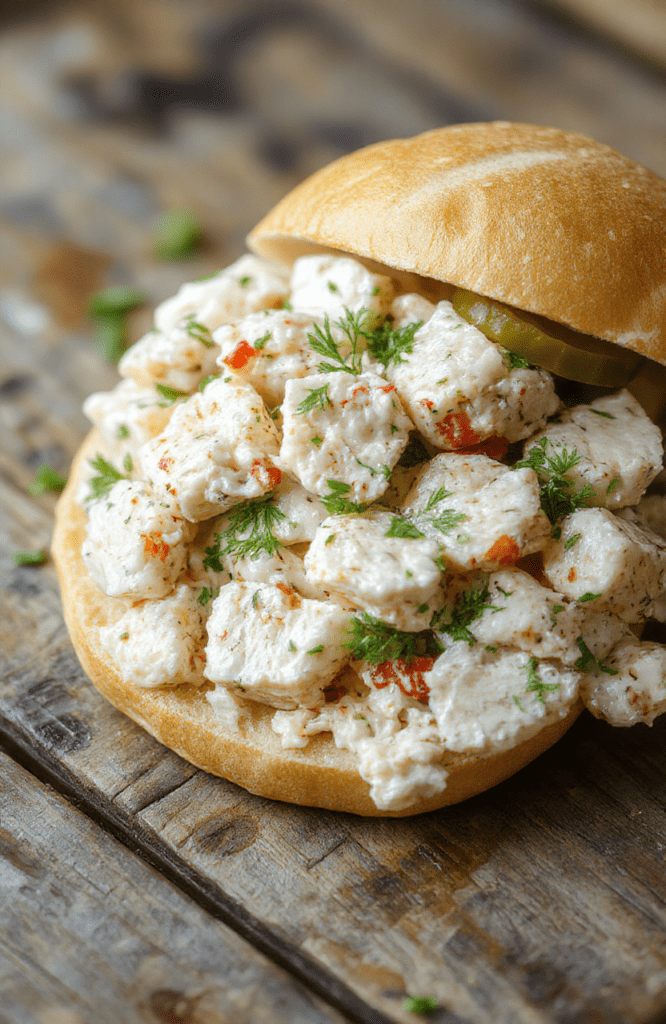 A vibrant plate of crunchy dill pickle chicken salad featuring shredded chicken, sliced dill pickles, fresh greens, and a creamy dressing, arranged neatly with a sprinkle of chopped herbs in a rustic bowl, showcasing textures from crispy chicken and crunchy pickles, with a colorful background highlighting the freshness.