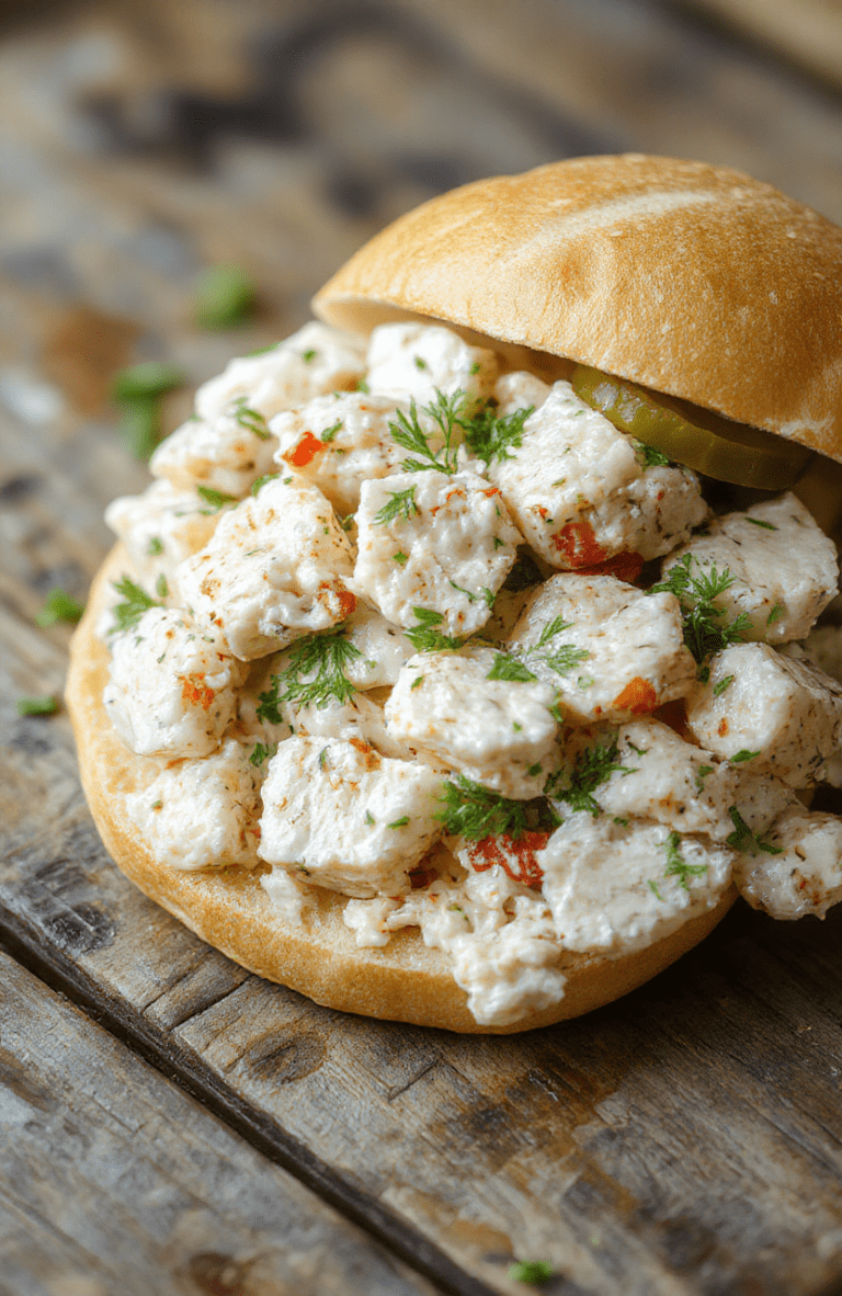 A vibrant plate of crunchy dill pickle chicken salad featuring shredded chicken, sliced dill pickles, fresh greens, and a creamy dressing, arranged neatly with a sprinkle of chopped herbs in a rustic bowl, showcasing textures from crispy chicken and crunchy pickles, with a colorful background highlighting the freshness.