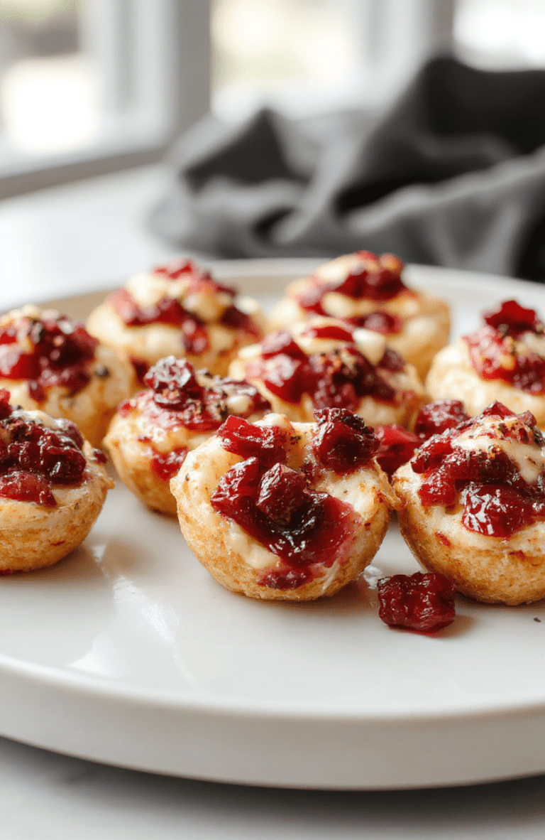 A close-up of golden-brown baked cranberry brie bites on a white plate, topped with fresh cranberries and a sprig of thyme, surrounded by extra cranberries, with a blurred background of a festive holiday table setting with warm lighting.