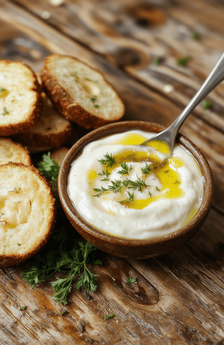 A vibrant bowl of golden garlic olive oil dip garnished with fresh herbs and crushed garlic, served on a rustic wooden table with crusty bread, highlighting the textures of the oil and herbs, styled casually with a warm, inviting ambiance.