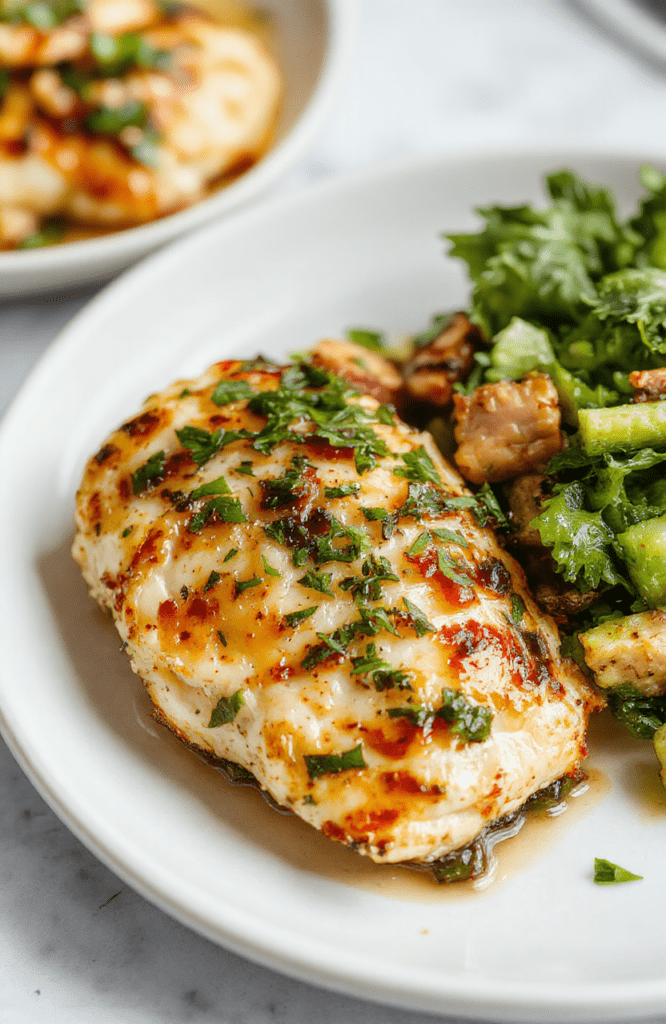 Colorful plate featuring perfectly cooked golden chicken breast with crisp-tender vegetables like bell peppers, zucchini, and cherry tomatoes. The dish is arranged neatly on a white ceramic plate with a light sprinkle of herbs, emphasizing textures and vibrant colors. The background includes a soft, neutral tablecloth, highlighting the fresh ingredients and appealing presentation.