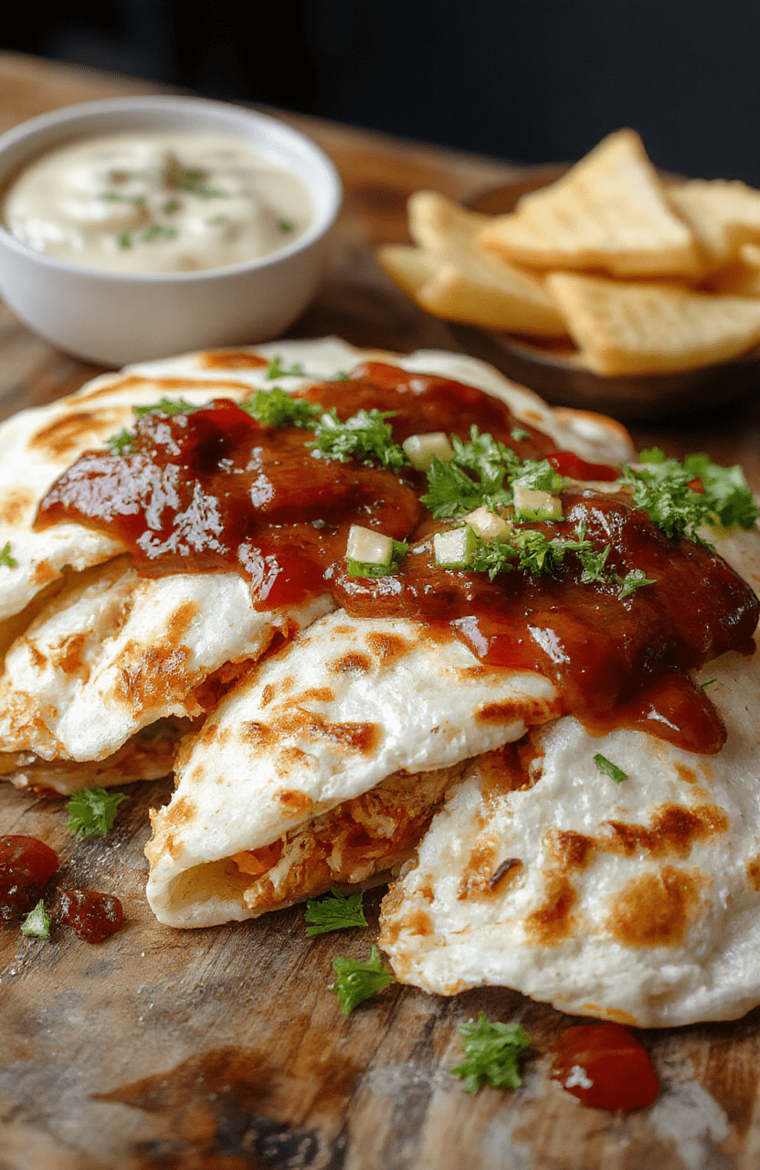 A vibrant plate featuring a sliced BBQ chicken quesadilla with melted cheese, crispy golden edges, topped with fresh chopped cilantro and sliced jalapenos, served on a rustic wooden table