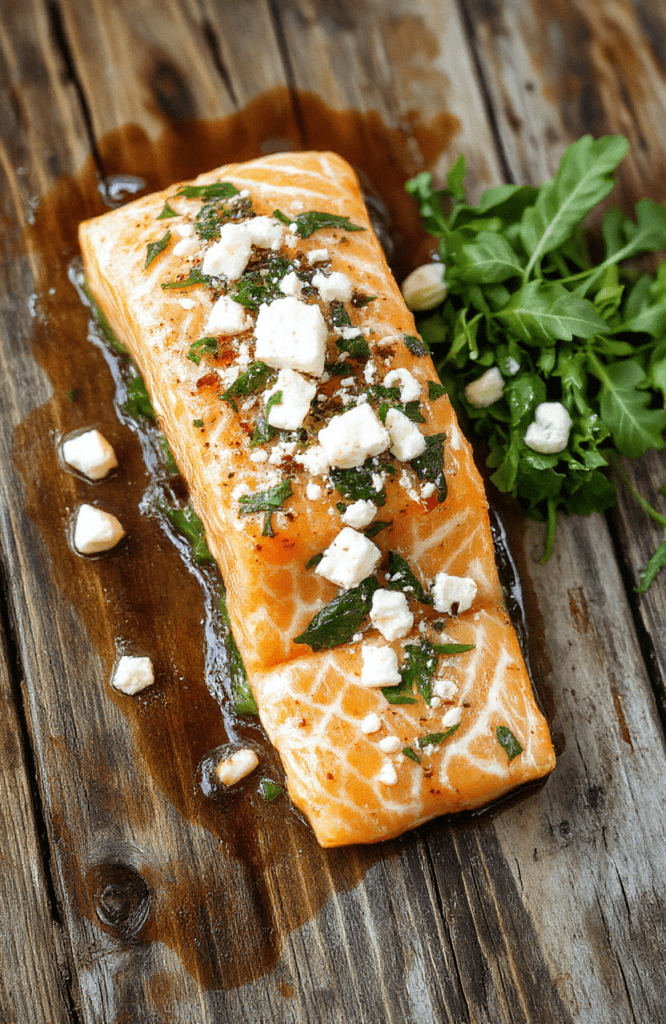 A beautifully plated baked salmon fillet stuffed with spinach and feta, garnished with fresh herbs. The dish showcases vibrant green spinach, creamy white feta, and the glistening pink salmon on a rustic wooden platter with a drizzle of olive oil. The textures of flaky fish, tender spinach, and crumbled feta create an appetizing contrast, styled for a casual yet elegant presentation.