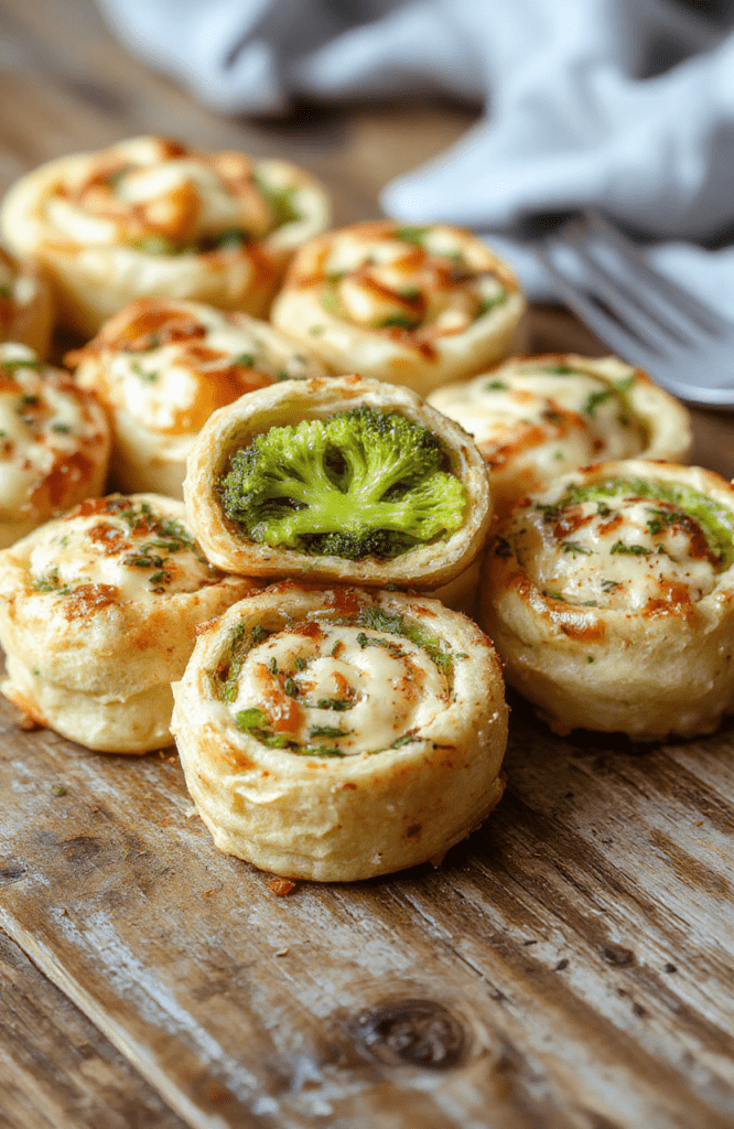 A vibrant plate of broccoli cheese pinwheels with golden-brown edges, nestled on a rustic wooden table. The pinwheels display a colorful filling of bright green broccoli, creamy melted cheese, and flaky pastry. The presentation is casual yet appetizing, with a few fresh broccoli florets and cheese shreds scattered nearby for visual appeal.