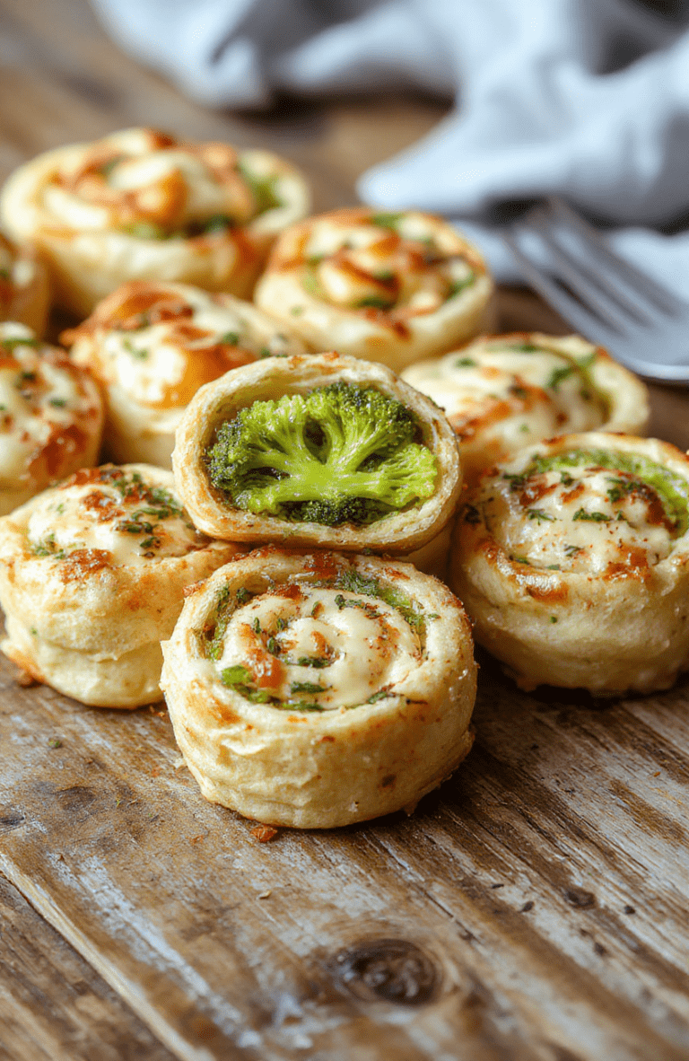 A vibrant plate of broccoli cheese pinwheels with golden-brown edges, nestled on a rustic wooden table. The pinwheels display a colorful filling of bright green broccoli, creamy melted cheese, and flaky pastry. The presentation is casual yet appetizing, with a few fresh broccoli florets and cheese shreds scattered nearby for visual appeal.