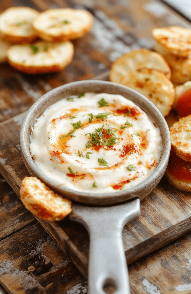 A vibrant, creamy Caprese Dip served in a shallow white dish, topped with fresh basil leaves, cherry tomatoes, and drizzled with balsamic glaze. The dip has a smooth, cheesy texture with visible bits of tomato and basil, styled with rustic bread slices around the bowl on a wooden table, natural daylight highlighting the fresh ingredients and inviting presentation.