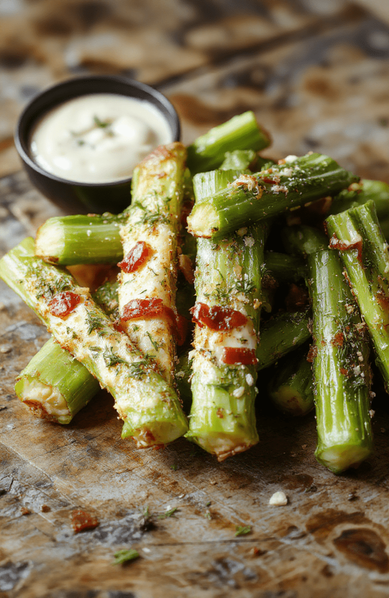 Colorful and appetizing stuffed celery sticks featuring crunchy green celery filled with creamy cheddar cheese, crispy bacon bits, and a drizzle of ranch dressing. The presentation highlights the textured fillings, vibrant green stalks, and garnishes that create a fresh and inviting snack look, styled simply on a rustic wooden surface with a natural lighting setup.