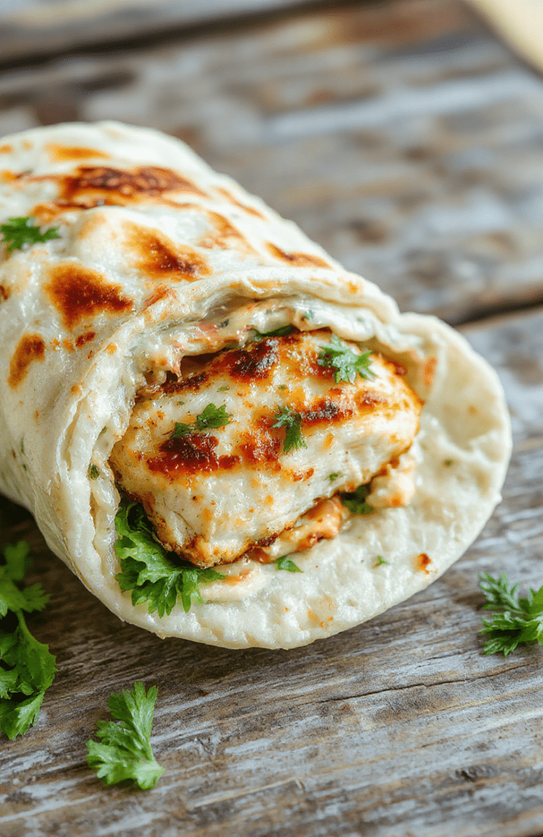 A vibrant chicken caesar wrap sliced open to reveal tender grilled chicken, crisp romaine lettuce, creamy caesar dressing, and shredded parmesan, all tightly rolled in a golden brown tortilla, styled on a rustic wooden surface with fresh ingredients nearby.