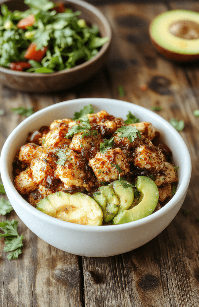 Colorful chicken fajita burrito bowl served in a white ceramic bowl, topped with vibrant red and green bell peppers, sautéed chicken strips, melted cheese, fresh cilantro, and lime wedges, presented with a rustic wooden background, highlighting the textures and bright colors of the ingredients.