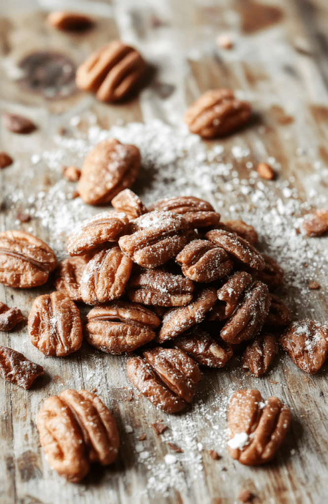 Golden-brown pecans coated in a glossy cinnamon sugar mixture, arranged on a rustic wooden platter, with a light dusting of cinnamon visible. The focus is on the crunchy texture, warm caramel hue, and inviting presentation, with a blurred background emphasizing the homemade appeal.