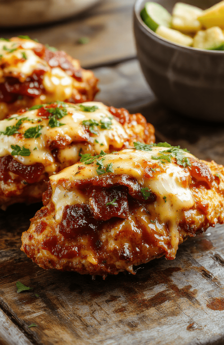 A vibrant plate of BBQ bacon cheddar chicken featuring crispy bacon strips, melted cheddar cheese, and juicy grilled chicken, garnished with chopped green onions, all presented on a rustic wooden table with a side of fresh salad and colorful veggies.