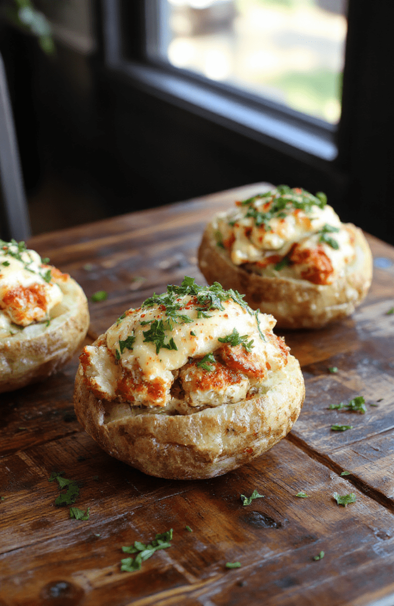 Colorful baked potatoes topped with shredded chicken, melted cheese, crispy bacon bits, sliced green onions, served on a rustic wooden table with a creamy sauce drizzled over, highlighting textures of crispy bacon, creamy filling, and gooey cheese in a cozy, inviting presentation.
