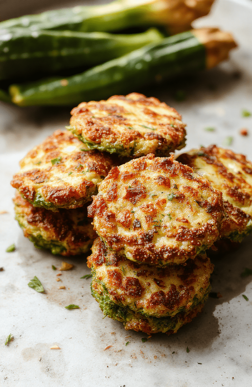 Golden brown crispy zucchini fritters arranged neatly on a white plate, garnished with fresh herbs. The fritters show a crunchy exterior with a tender zucchini interior, served alongside a dollop of sour cream and slices of fresh lemon. The presentation highlights the textured surface and vibrant green zucchini peeking through the crispy crust.