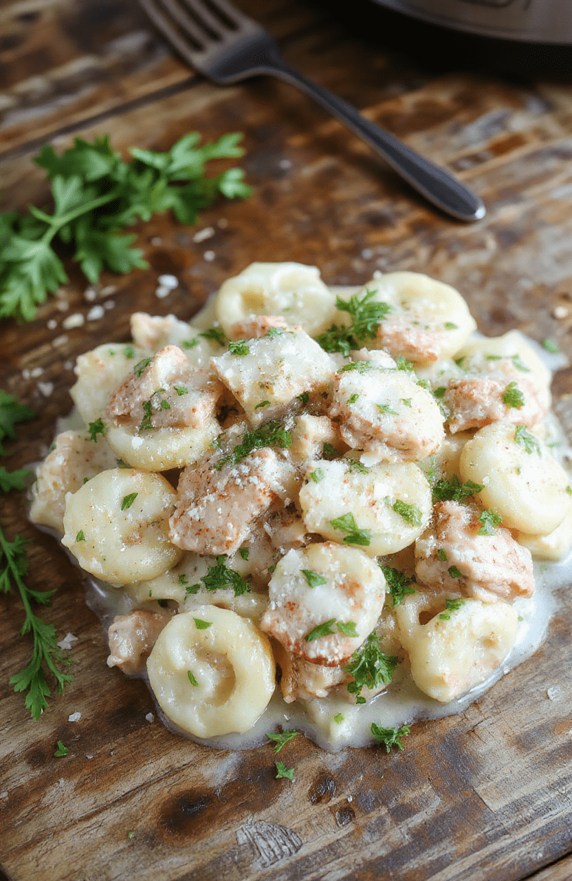 A vibrant bowl of chicken tortellini in a creamy sauce, garnished with fresh herbs, served on a rustic wooden table with a soft-focus background highlighting the textures and colors of the dish.