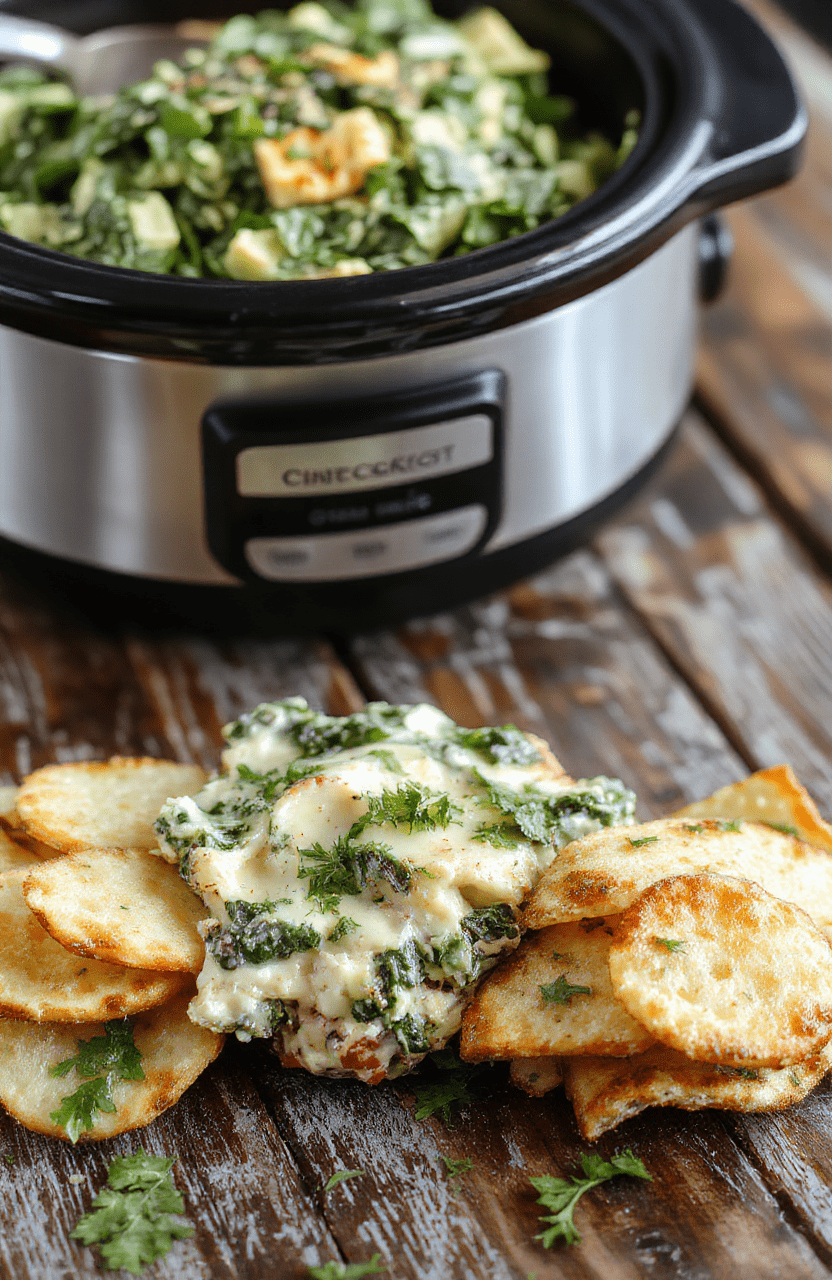 A vibrant bowl of creamy spinach artichoke dip garnished with fresh herbs on a rustic wooden surface, with crispy bread slices and colorful vegetable crudités arranged around it, highlighting the smooth texture and rich ingredients, styled casually for an inviting party spread.