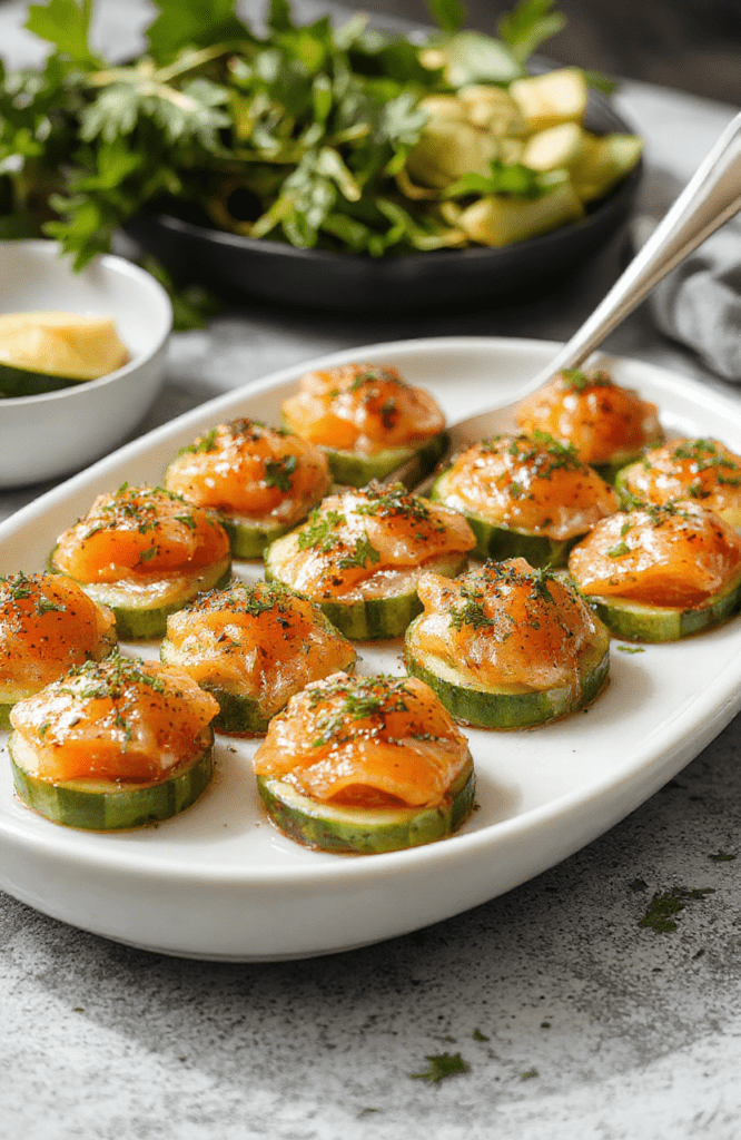 Colorful cucumber slices topped with delicate smoked salmon, dollops of creamy spread, fresh dill, and lemon zest, arranged elegantly on a white platter with vibrant greens and a hint of lemon in the background.