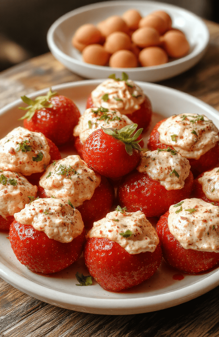 Vibrant red strawberries filled with creamy, smooth filling topped with tiny sprinkles, arranged on a white platter with a blurred background, showcasing the bright colors and glossy texture.