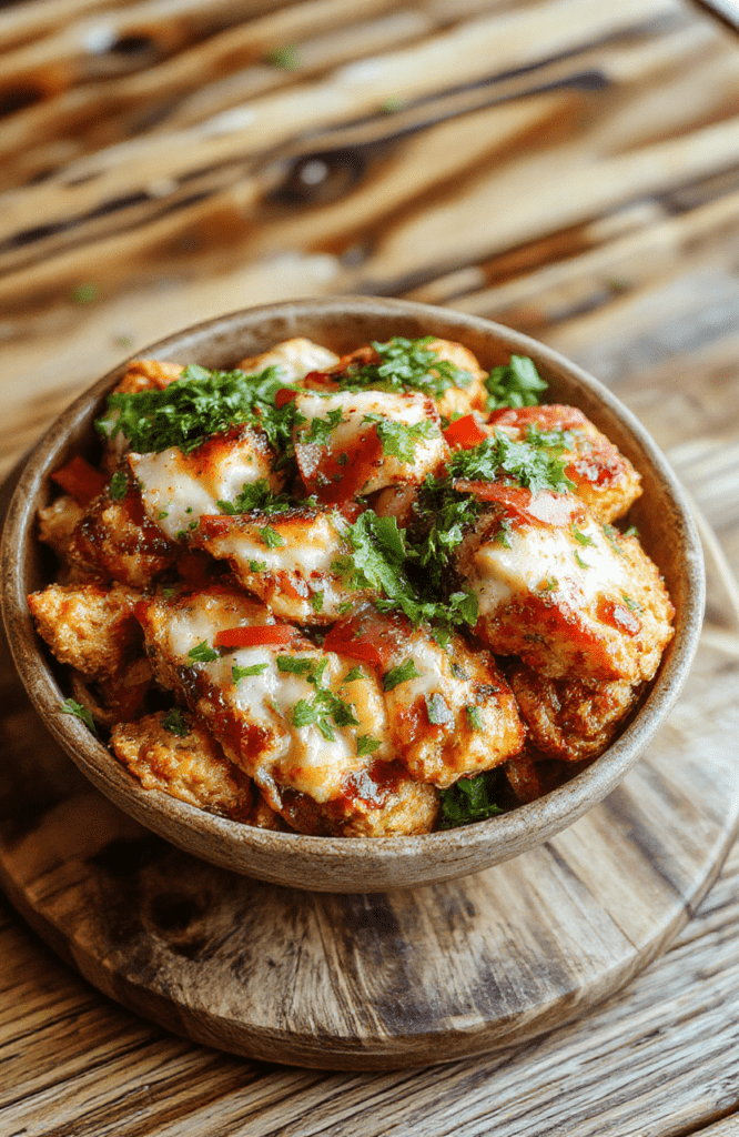 Colorful Bang Bang Chicken Bowls featuring crispy fried chicken strips coated in a creamy spicy sauce, garnished with green scallions and sesame seeds, served over fluffy white rice with vibrant vegetables, arranged on a rustic wooden plate with a smooth background, textures of crispy chicken and fresh toppings highlighted.