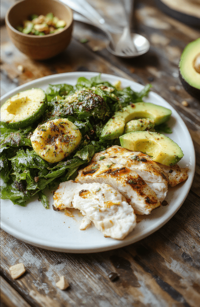 A vibrant plate featuring sliced grilled chicken topped with creamy avocado slices, garnished with fresh herbs, served with colorful vegetables and a drizzle of flavorful sauce, styled simply on a rustic wooden surface with natural daylight highlighting the textures and vibrant colors
